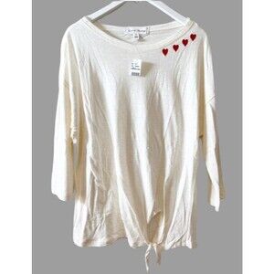 NWT French Laundry 1X Cream Top Embroidered Hearts T-Shirt 3/4 Sleeve Tie Front